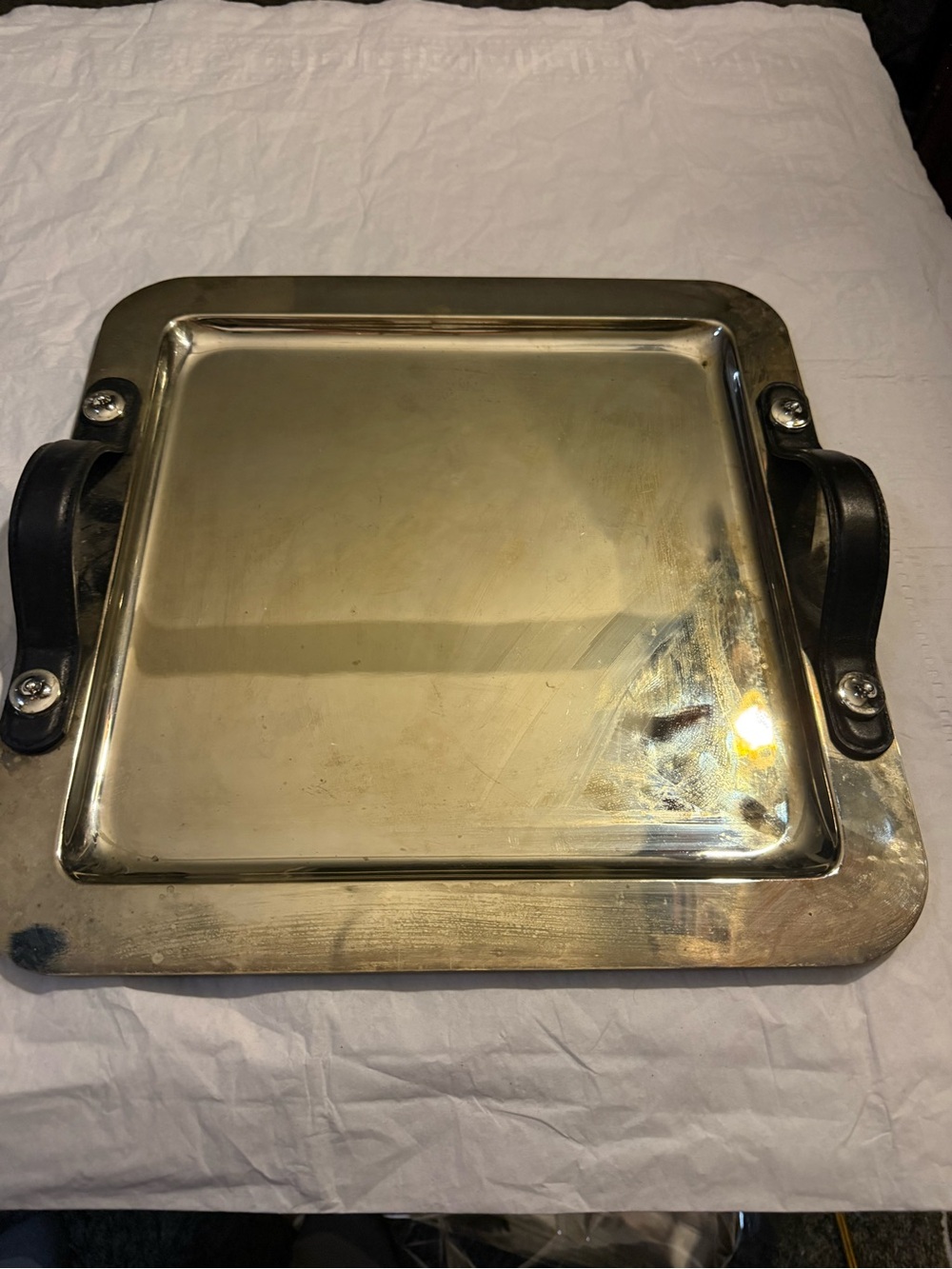 Polished Silver-Tone Serving Tray with Black Handles